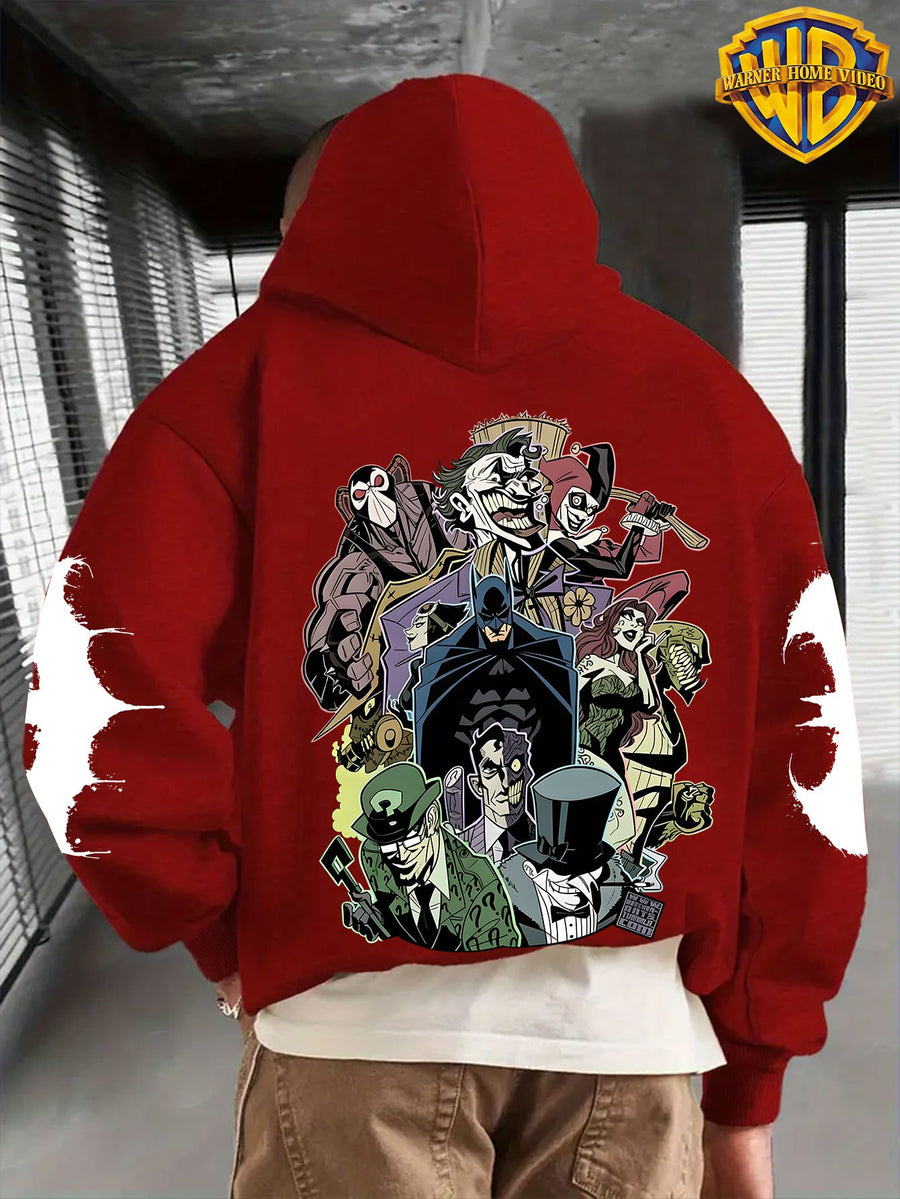 Warner Men's New Trendy Hoodie, Warner's Batman IP Co Branded Batman Villain Collection Printed Hoodie, Casual Daily Drawstring Hoodie, Long Sleeved Pullover, Machine Washable, Versatile Sports Casual Loose Men's Casual Hoodie, Front Kanga - Red