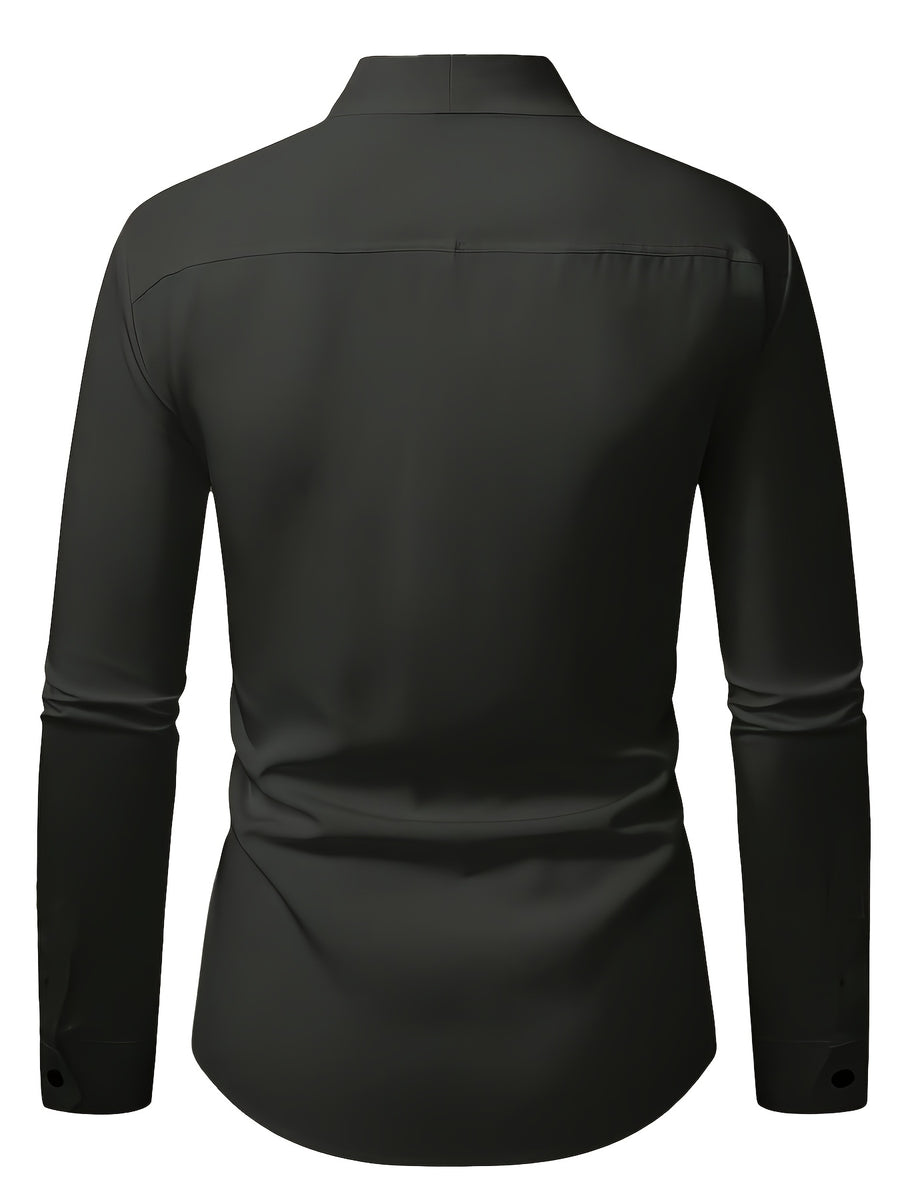 Men'S Solid Color V-Neck Shirt Casual Business Formal Shirt Slim Fit Long-Sleeved Social Party Shirt, Soft And Skin-Friendly Fabric, Suitable for Wearing in All 4 Seasons, Autumn, Stretchy, Office, Button - Dark Gray