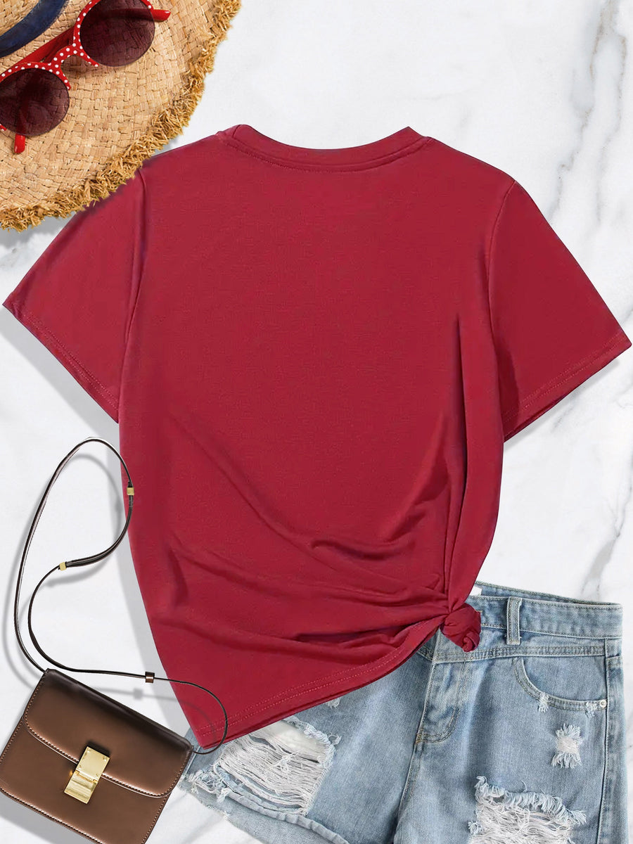 Smiling Letter Small Flower Series 3pcs Mixed Pack, Family Pack, Sisters Pack, Printed Fashion Vintage Style Women's Summer Casual Sporty Style Round Neck Short Sleeve T-Shirt, Multiple Colors Available, Sizes S-XXL - Red Black And White