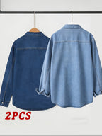 Spring/Autumn Men's Loose-Fit Streetwear Style Cool and Handsome Long-Sleeve Denim Shirt with American-Style Jacket Outer, 2pcs Set - Dark Blue + Light Blue