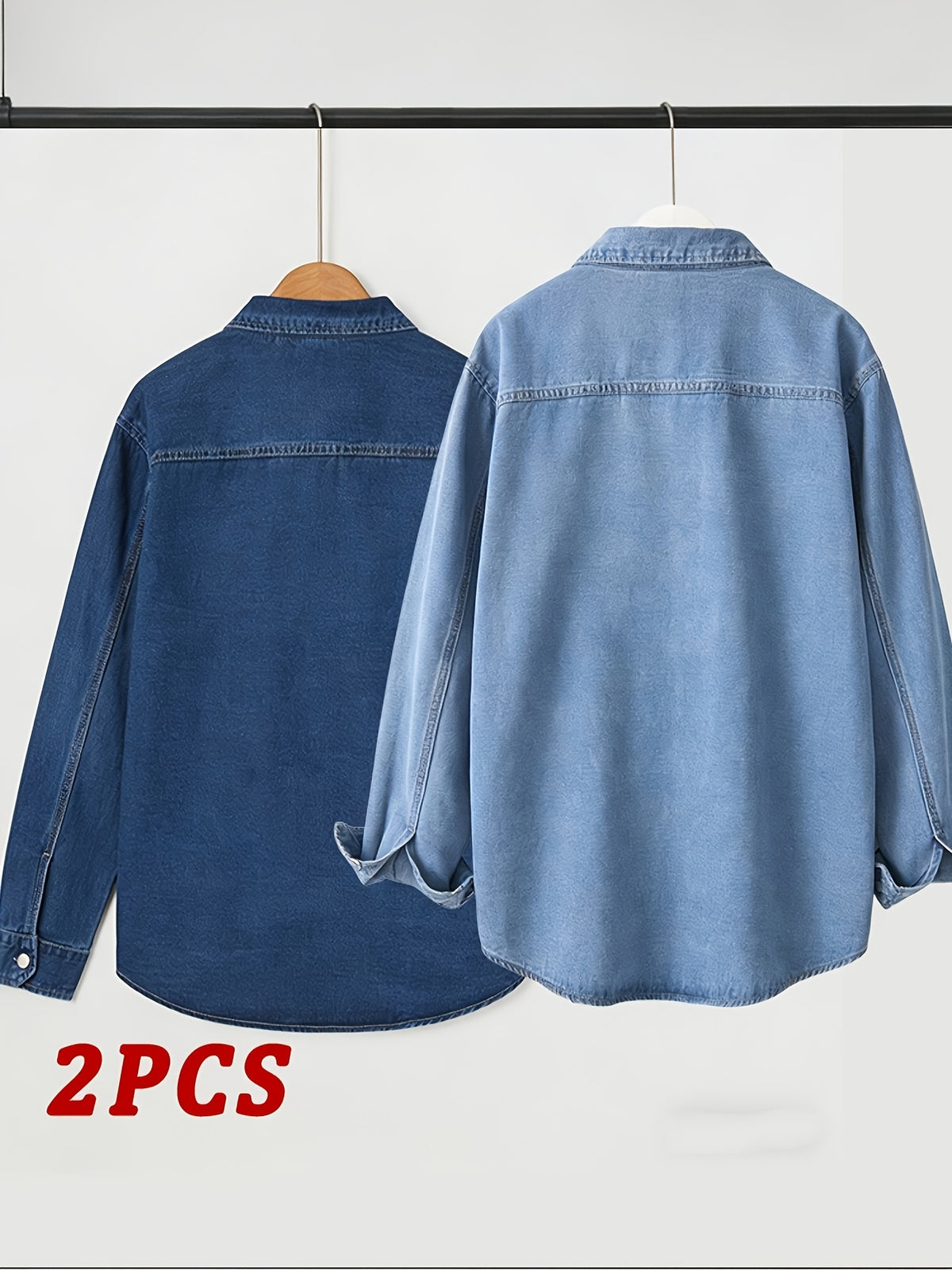 Spring/Autumn Men's Loose-Fit Streetwear Style Cool and Handsome Long-Sleeve Denim Shirt with American-Style Jacket Outer, 2pcs Set - Dark Blue + Light Blue