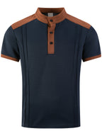 Men'S Short-Sleeve Plaid Knit Henley Shirt with Contrasting Brown Trim, Featuring a Stand Collar Design, Casual Button-Up Front, Breathable Vintage Street Style Clothing - Navy Color