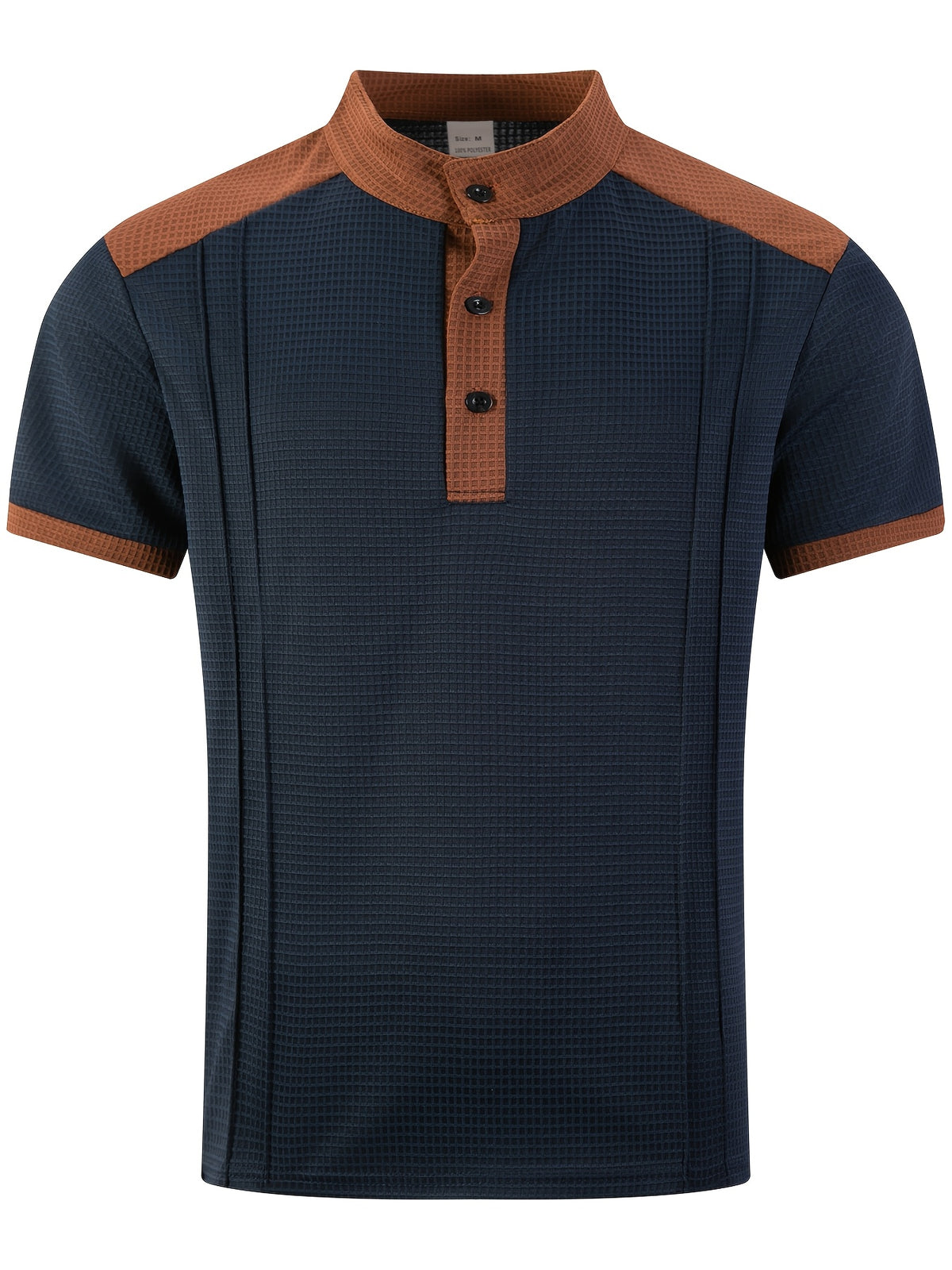 Men'S Short-Sleeve Plaid Knit Henley Shirt with Contrasting Brown Trim, Featuring a Stand Collar Design, Casual Button-Up Front, Breathable Vintage Street Style Clothing - Navy Color