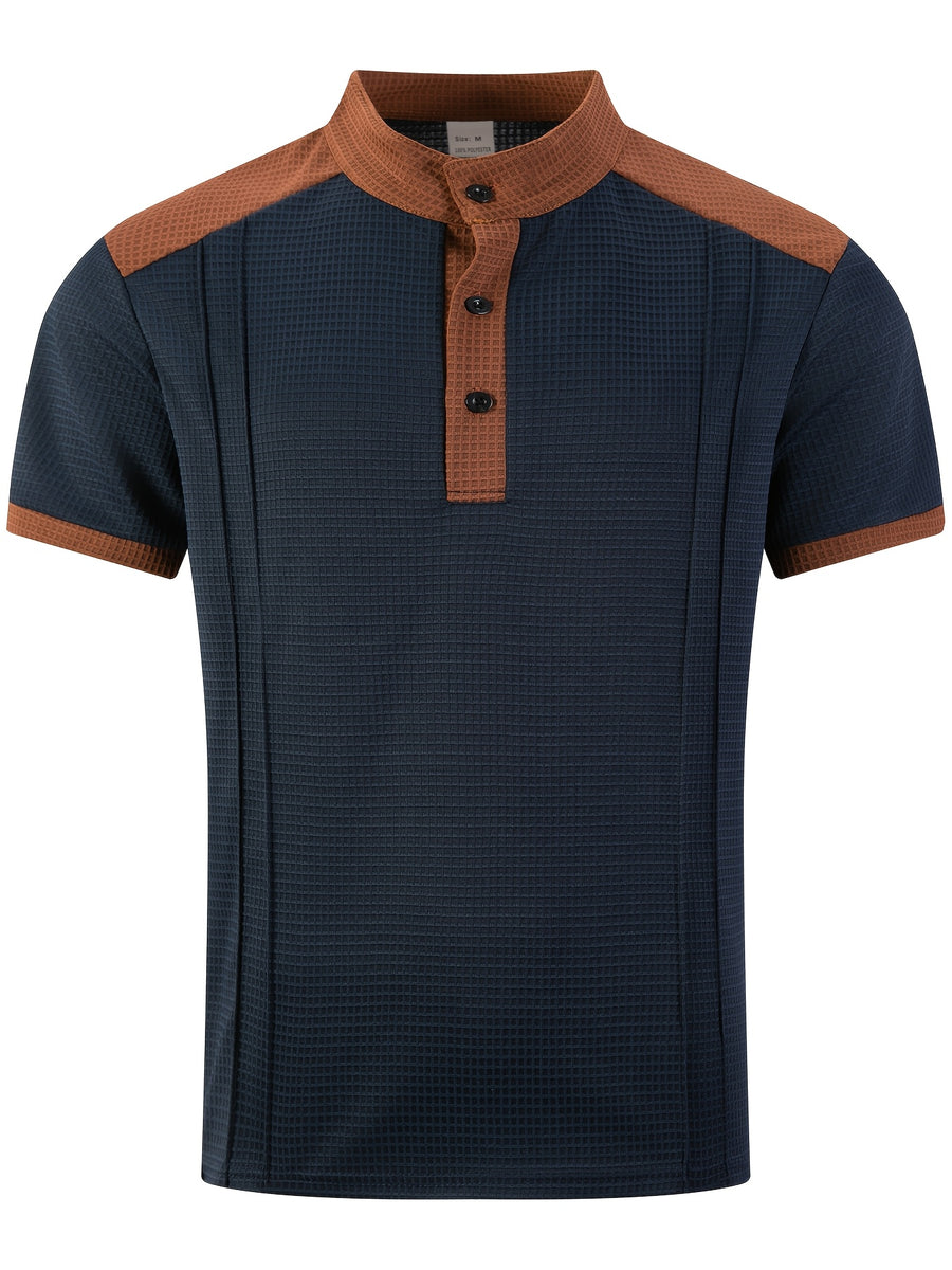Men'S Short-Sleeve Plaid Knit Henley Shirt with Contrasting Brown Trim, Featuring a Stand Collar Design, Casual Button-Up Front, Breathable Vintage Street Style Clothing - Navy Color