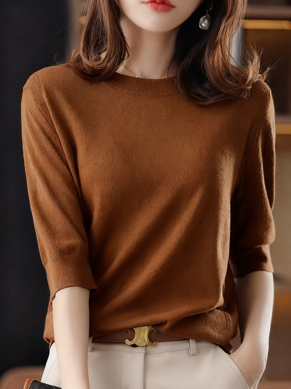 Women's Fine-Spun Round Neck Mid-Sleeve Top, New Spring/Autumn Vintage Elegant Top, Five-Part Sleeve Base Layer Shirt - Coffee Color