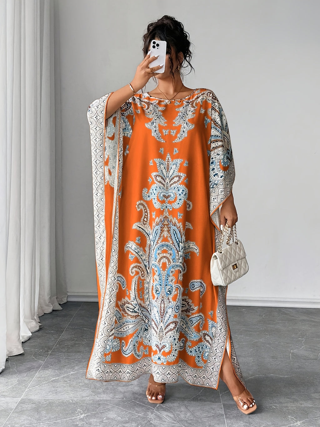 Plus Size - Plus Size - Plus Size Women'S Loose-Fitting Batwing Sleeve Printed Round Neck Dress - Orange-Red