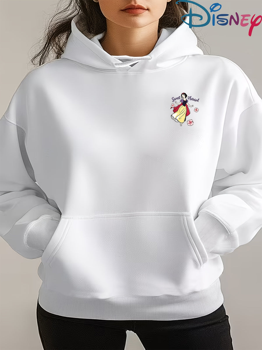 Genuine Women'S Summer Clothing, Snow White Wedding Theme Cartoon Pattern with Flowers And Text Decoration, Autumn Winter Fashion Fleece-Lined Hooded Sweatshirt, Women'S Printed Casual Elegant Top, Cute Top - White