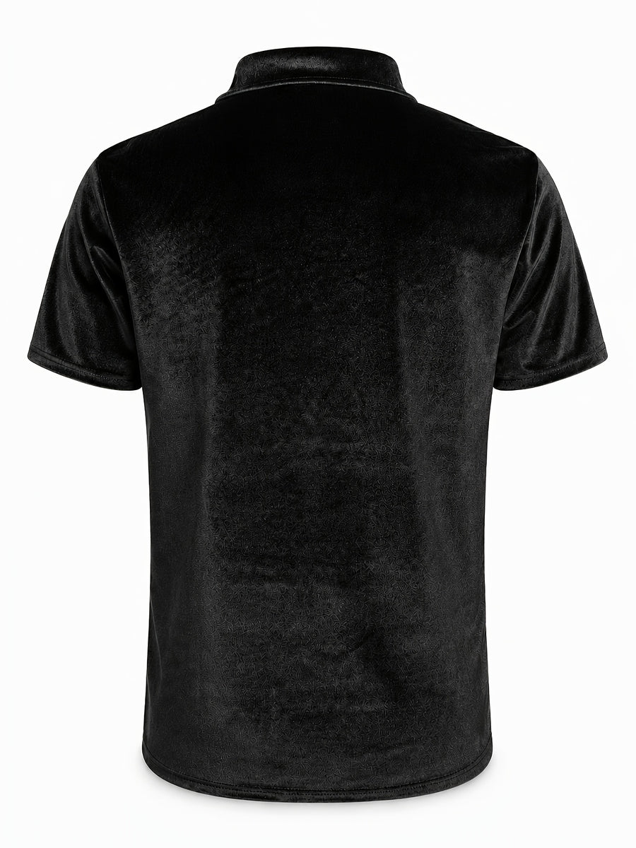 Men's Velvet Lapel Short-Sleeve Polo Shirt, American Relaxed Style, Soft, Skin-Friendly, Breathable, and Versatile, for Daily Commuting and Streetwear - Black
