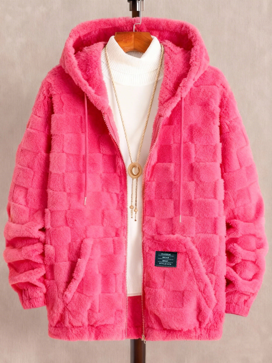 Pearson OBM Men's -Lined Hooded Long-Sleeve Warm Jacket, Comfortable Outerwear, Men's Casual Loose-Fit Jacket, Suitable for Autumn and Winter, Zipper Design, Ideal for Daily and Home Wear - Pink Color