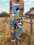 [Printed Pants - Not Denim Fabric][Imitation Denim] New European And American Women'S Fashion Featuring Stylish Faux Denim Animal Print Casual Overalls, Versatile And Comfortable Breathable Fabric for Fall Pants - Bright Steel Blue