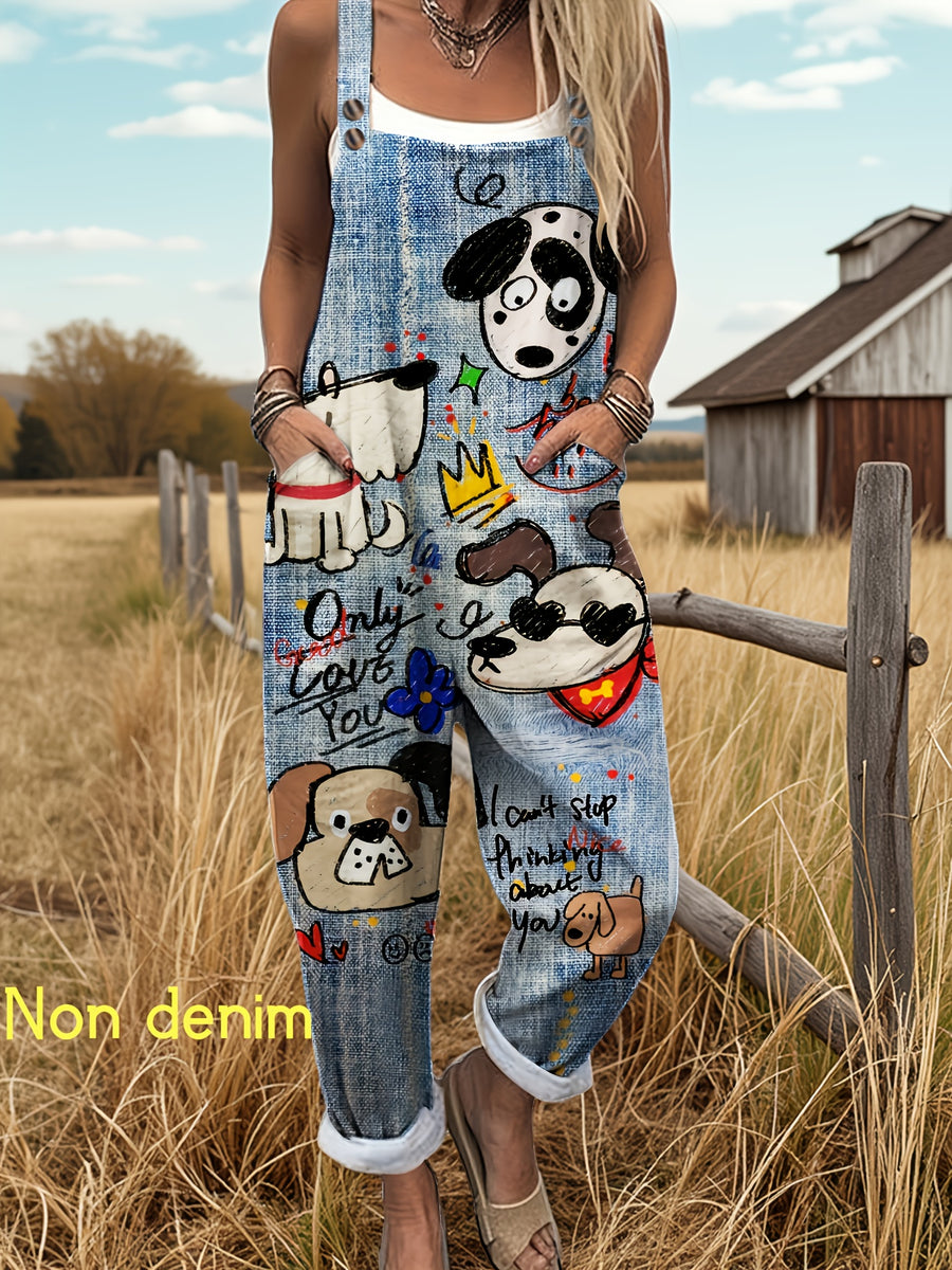 [Printed Pants - Not Denim Fabric][Imitation Denim] New European And American Women'S Fashion Featuring Stylish Faux Denim Animal Print Casual Overalls, Versatile And Comfortable Breathable Fabric for Fall Pants - Bright Steel Blue