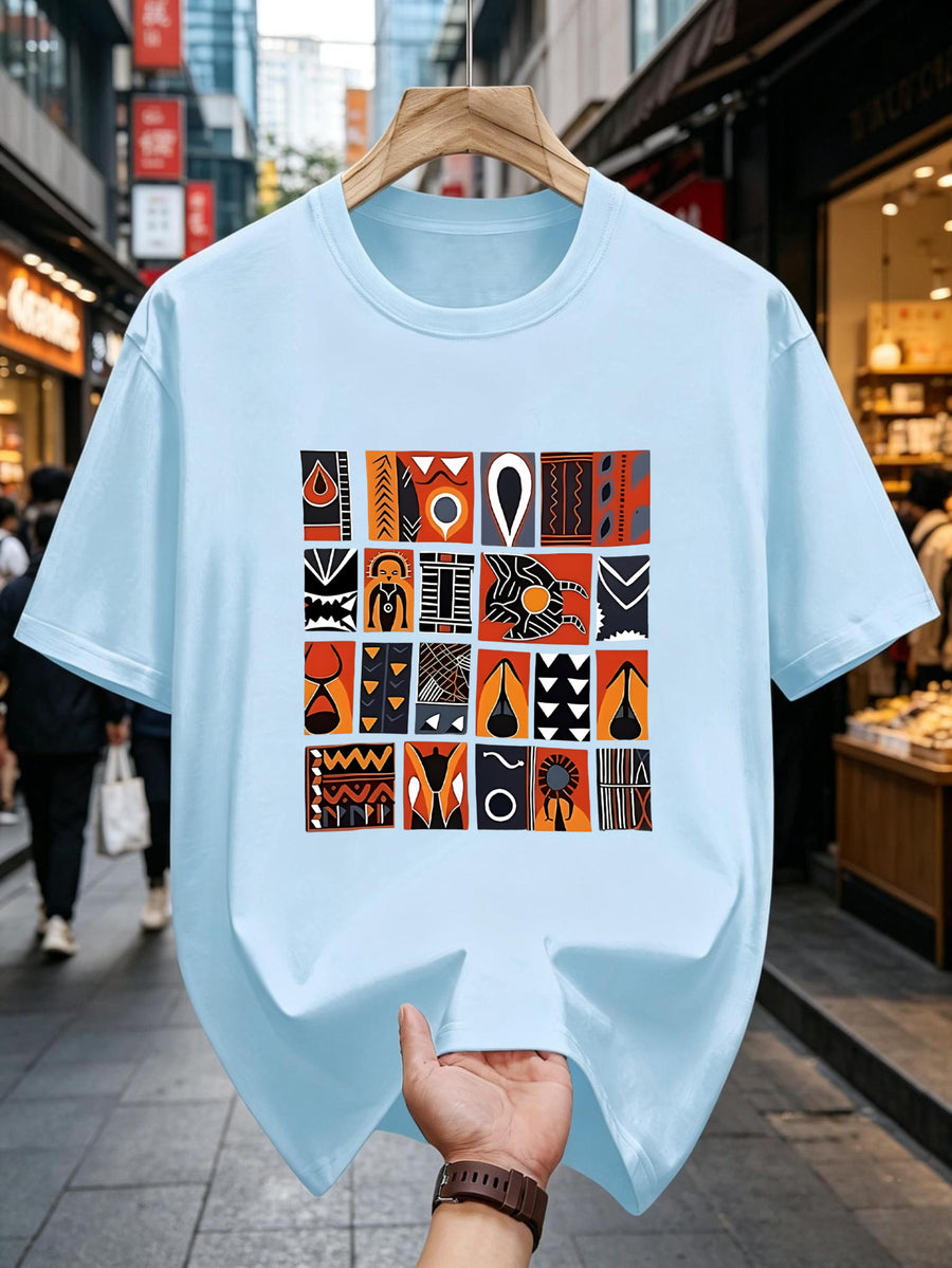 New Pure Cotton African Inspired Men's T-Shirt with Tribal Pattern And Geometric Design for Casual Wear In Summer And Autumn Perfect Gift for Him - Sky Blue