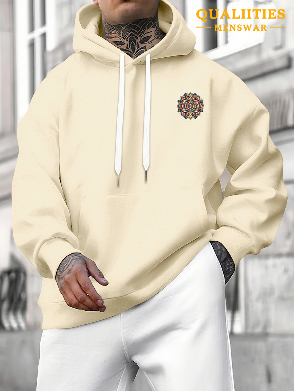 Men's "Mandala" Print Hooded Sweatshirt - Relaxed Fit, Simple and Distinctive Design, Loose Cut for Comfort and Style, Machine Washable Casual Pullover for Autumn/Winter, Suitable for Casual Wear, Hooded Sweater, Winter Apparel, Fashionable Design - Apricot