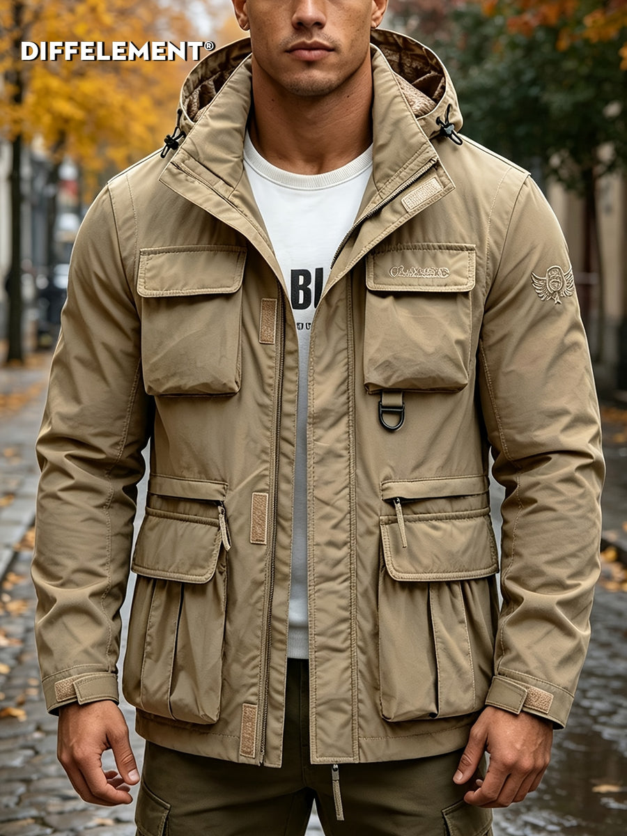 Men'S Detachable Sleeve Drawstring Hooded Multi-Pocket Utility Jacket, Reversible Wrinkle-Resistant Breathable Durable Woven Fabric, Fitted Short Length Spring Autumn City Commute Outdoor Hiking Style, Street Hiking Fishing Multi-Scene Wear - Khaki