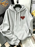 [Warner Bros. Official] Autumn/Winter Streetwear Fashion Men's Drawstring Pocket Hooded Sweatshirt, Vintage Distressed Superman "S" Logo Worn Badge Print Design, Sporty Style Loose Fit Hoodie, for Daily Casual Wear, Men's Trendy Fashion - Light Grey