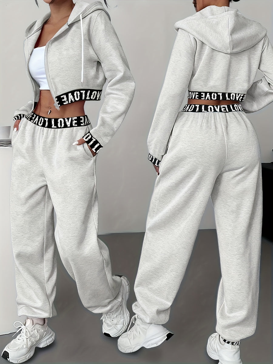Women's 2pcs Set, Zipper and Hood Autumn/Winter Casual Women's Jacket + Pants, Regular Clothing, Daily Wear, Fashion Apparel, Stylish Swear, Soft Fabric, Comfortable Clothing, Matching Series, Women's Swear, Women's Collection - Granny Gray