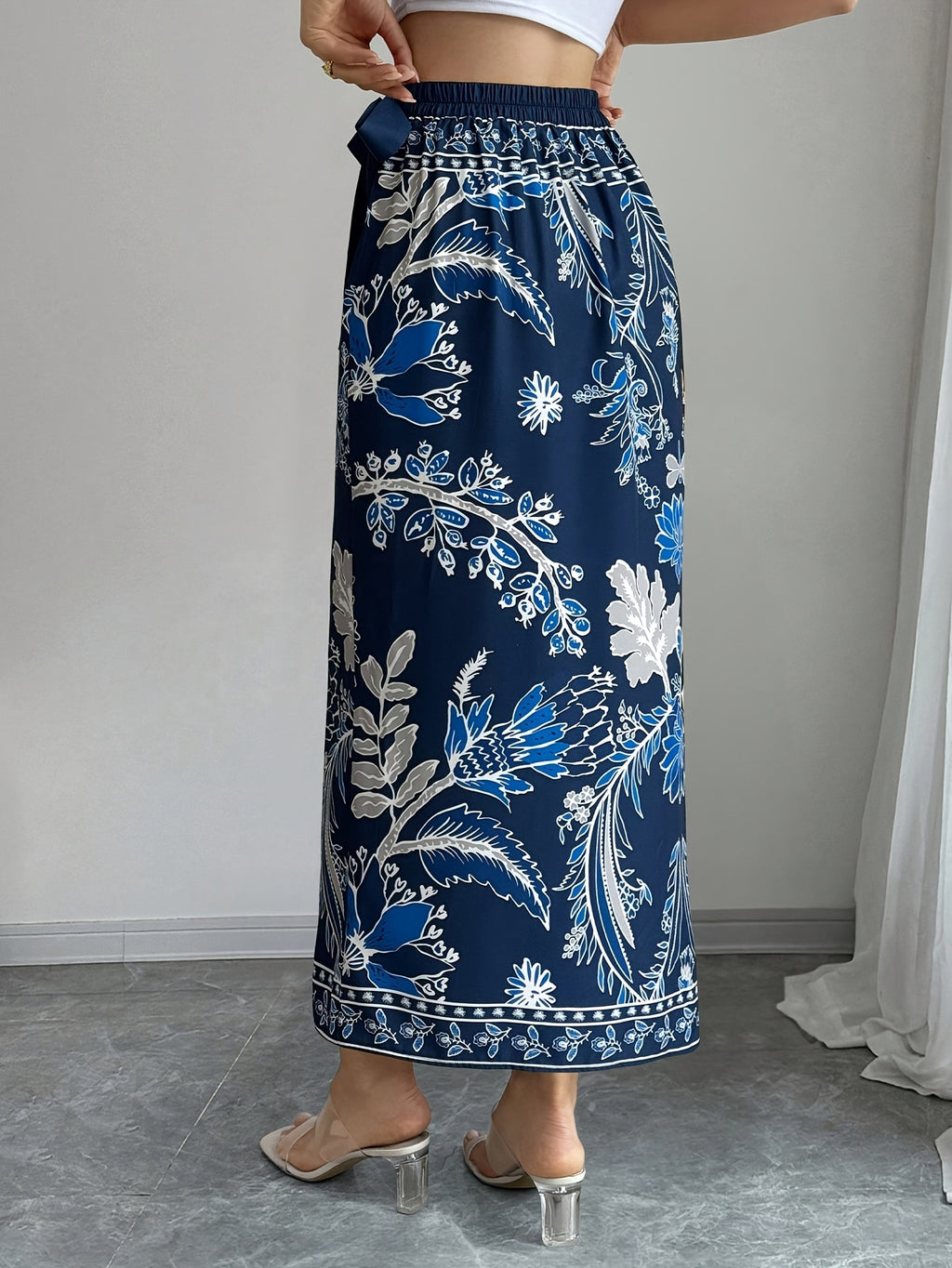 Women's Elegant Floral Print Wrap Tie Straight Skirt, Vacation Style - Navy Color