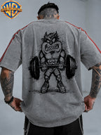 WB Warner Bros. Official License, American Hardcore Sports Hand-Drawn, Muscular Big Mouth Monster Street Fitness Style Atmospheric Outfit T-Shirt, Men'S Loose Retro Street Casual Short Sleeve Top - Grey