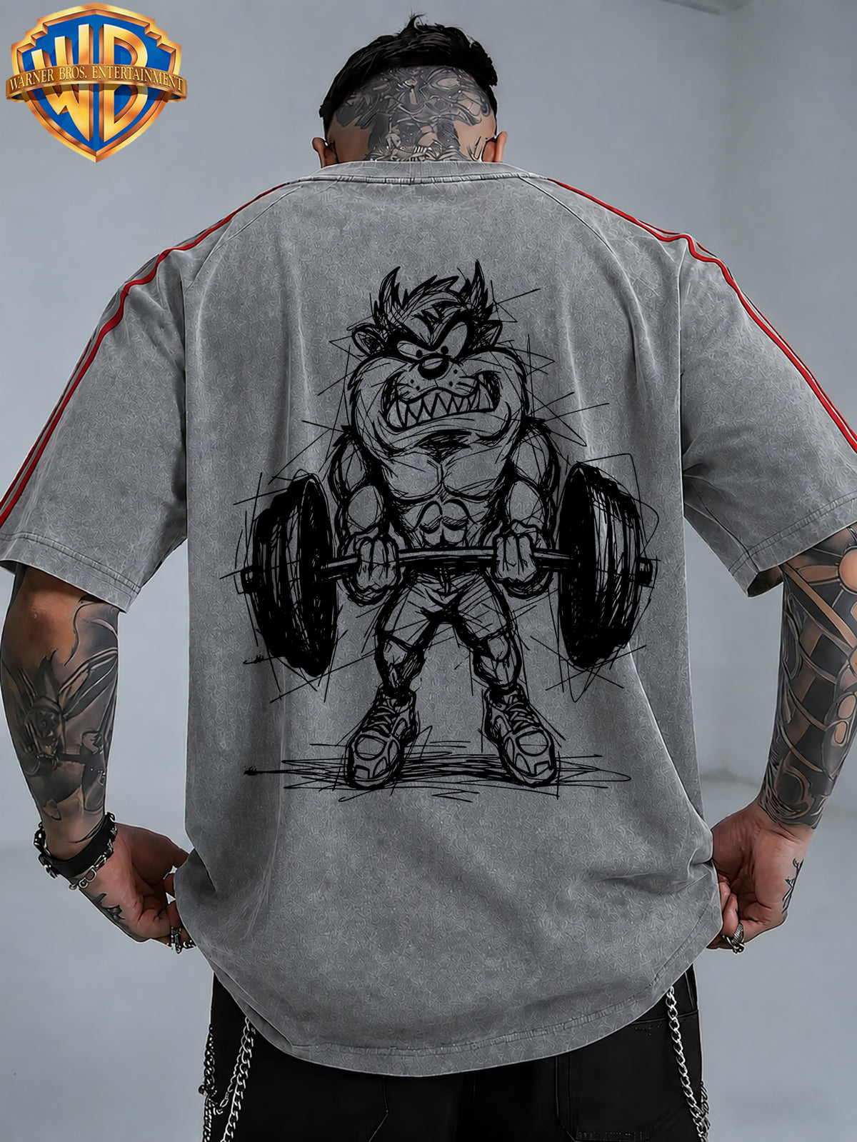 WB Warner Bros. Official License, American Hardcore Sports Hand-Drawn, Muscular Big Mouth Monster Street Fitness Style Atmospheric Outfit T-Shirt, Men'S Loose Retro Street Casual Short Sleeve Top - Grey
