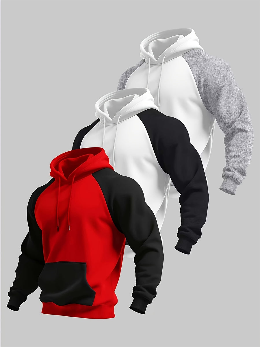 Men's Colorblock Hooded Sweatshirt, Spring/Autumn Solid Color Versatile Loose Fit Casual Pullover Hoodie, 3pcs Set - Black with White - Red with Black - Light Gray with White