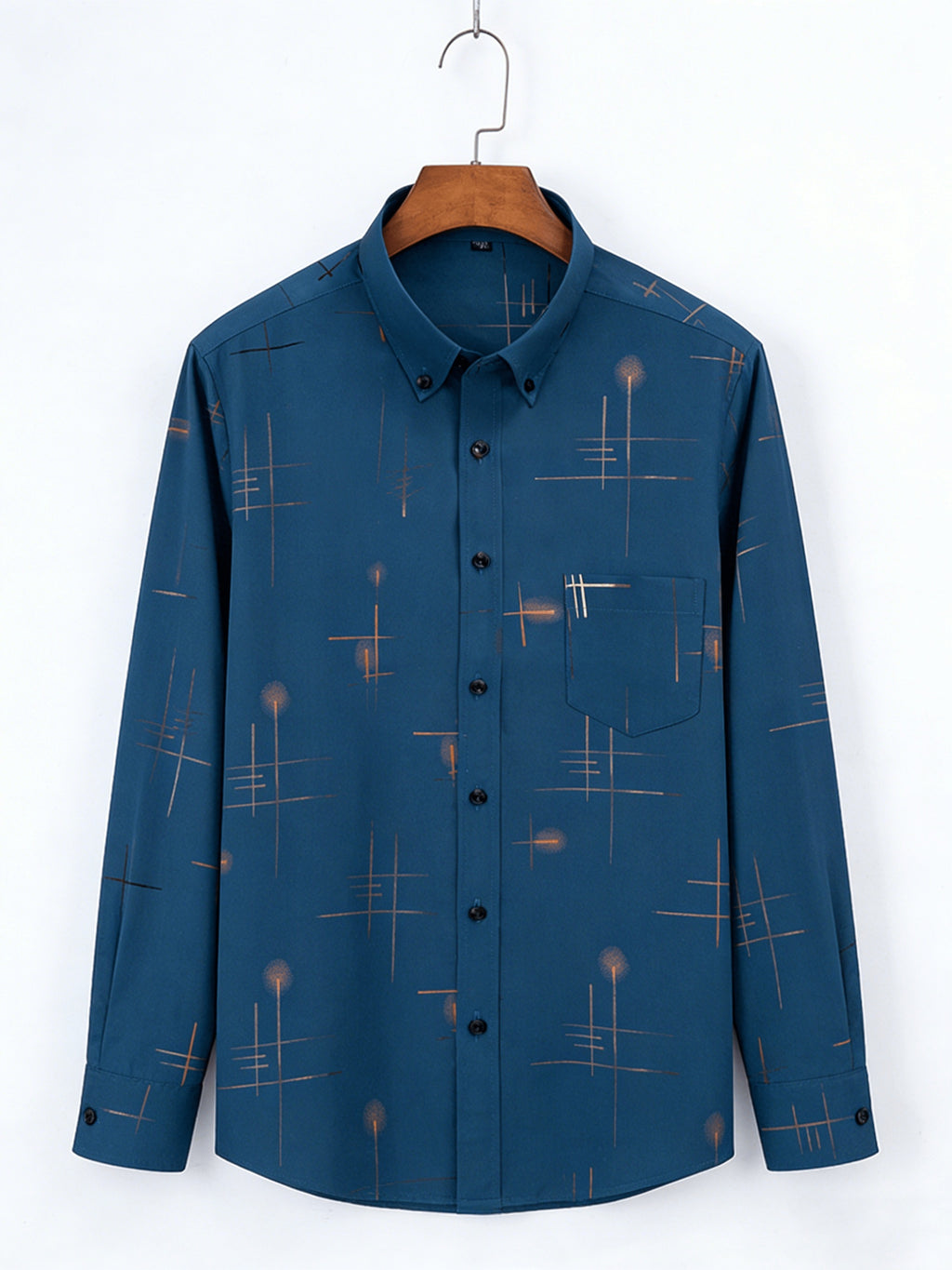 Men'S Long-Sleeve Shirt with Bronzing Print, Business Casual Wrinkle-Resistant Shirt, Light Luxury Versatile Top for Middle-Aged And Young Men - Peacock Blue