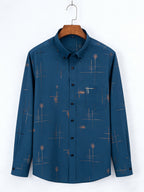 Men'S Long-Sleeve Shirt with Bronzing Print, Business Casual Wrinkle-Resistant Shirt, Light Luxury Versatile Top for Middle-Aged And Young Men - Peacock Blue