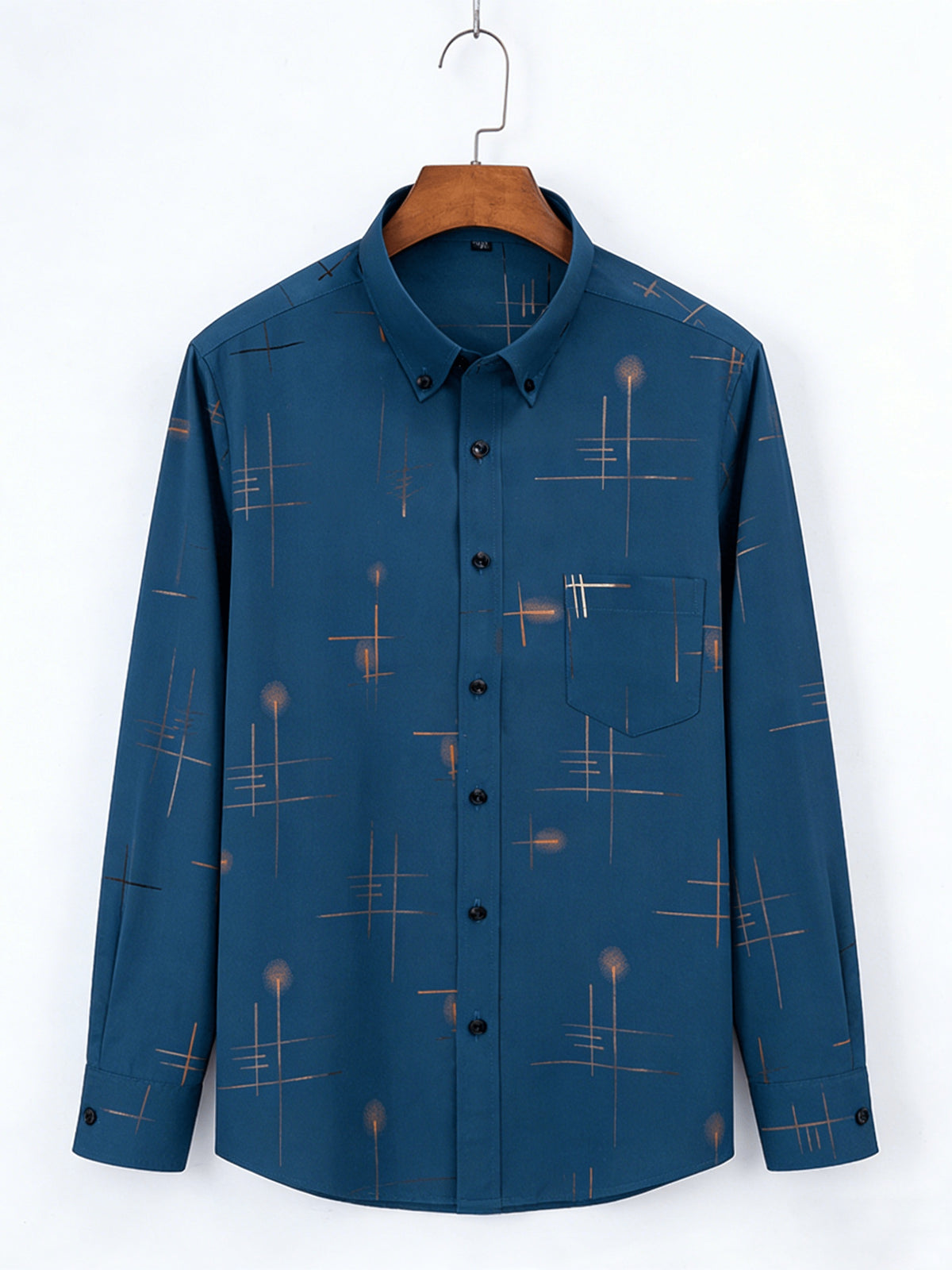 Men'S Long-Sleeve Shirt with Bronzing Print, Business Casual Wrinkle-Resistant Shirt, Light Luxury Versatile Top for Middle-Aged And Young Men - Peacock Blue