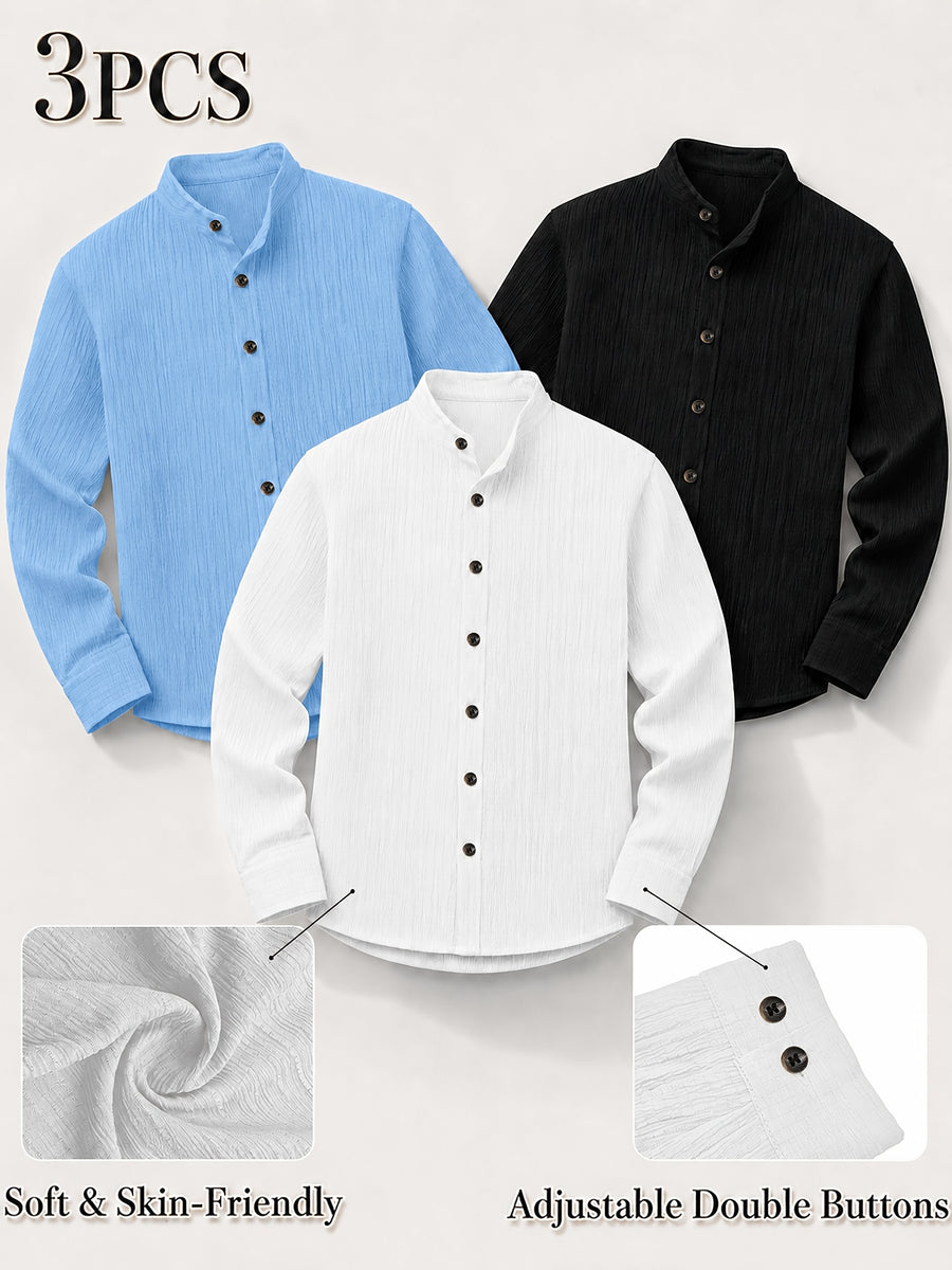 [Zhiyu'S OBM] 3pcs Men'S Long Sleeve Casual Shirt Set, Easy Solid Colors, Stand-Up Collar Design, Lightweight Breathable Fabric with Double-Button Adjustable Cuffs, Switch Between Loose And Tight Comfort, Perfect for Beach Vacations, Pool Parties - White black light blue
