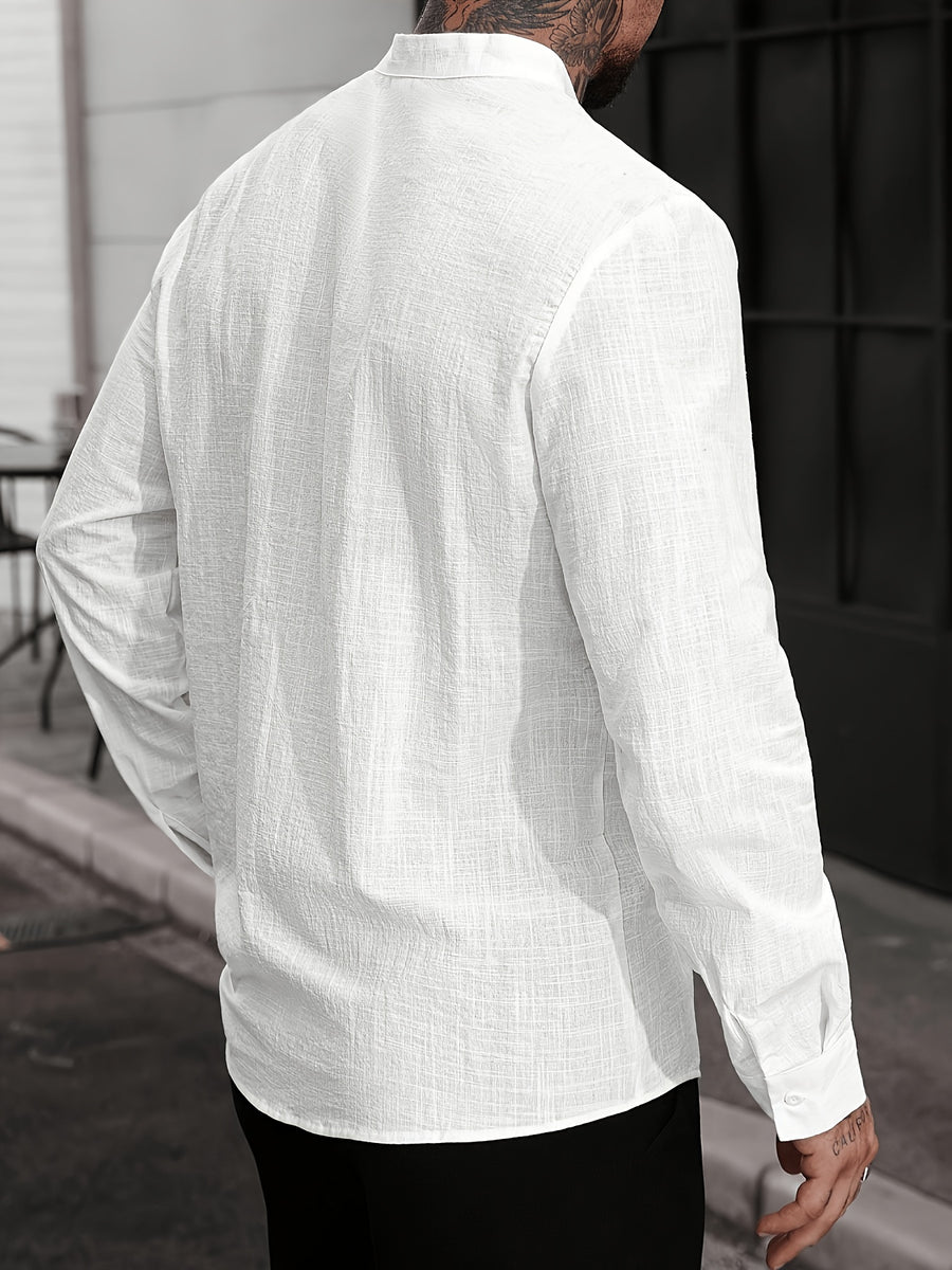 Men's Casual Stand Collar Solid Color Long Sleeve Button-Up Pocket Cardigan Shirt - White