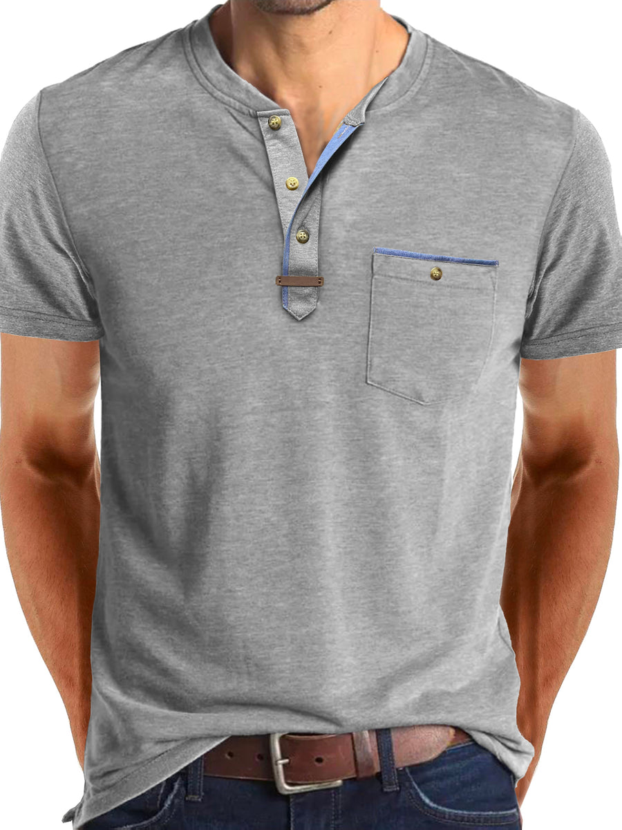 Men'S Solid Color Short Sleeve Henley Neck T-Shirt, Fashionable Summer Men'S Wear Casual Round Neck Top - Light Grey