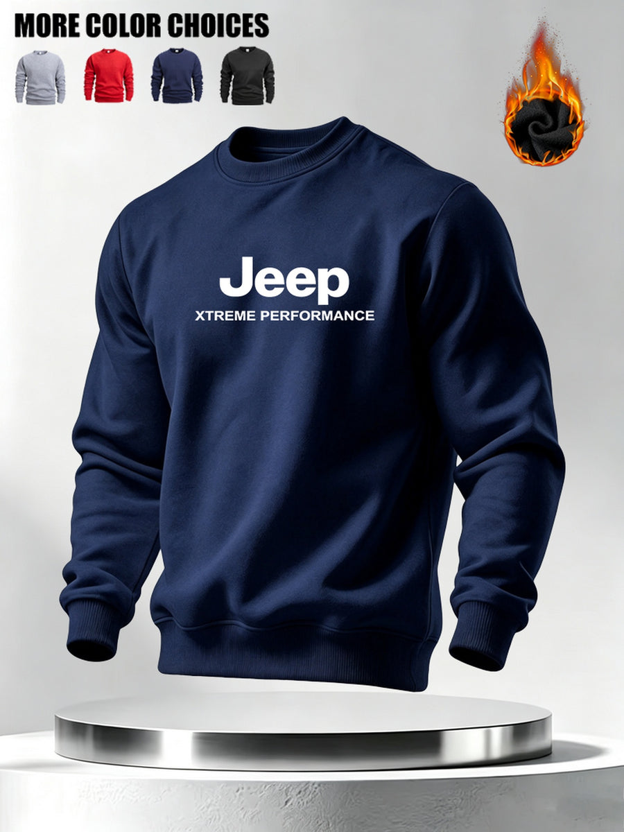 Autumn Winter Men'S Thickened Fleece Round Neck Sweatshirt JEEP Letter Print Loose Long Sleeve Pullover 4 Colors Available Soft Skin-Friendly Daily Commute Inner Outerwear All-Match Warm Casual Base Layer Top - Navy Color