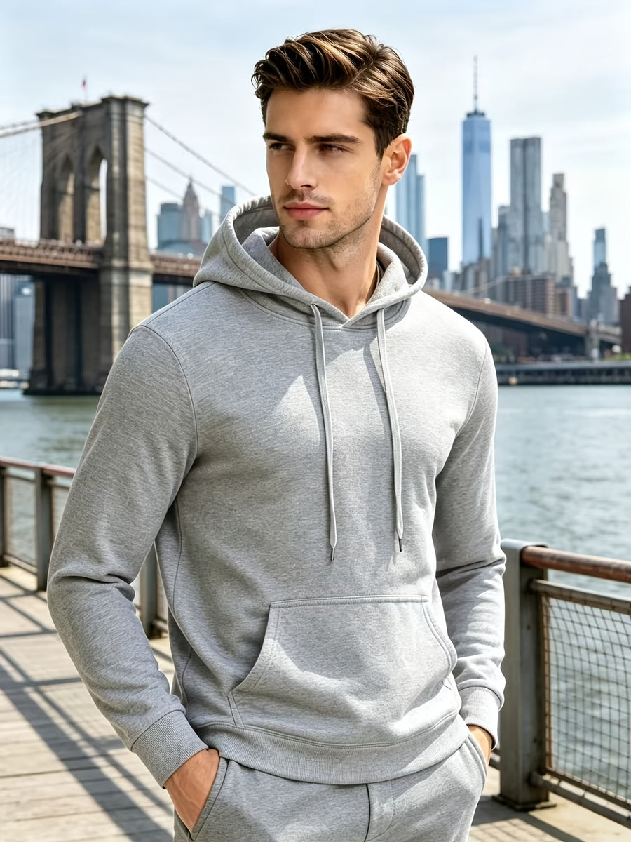 Solid Color Hooded Sweatshirt for Men, Sporty Casual Pullover, Solid Color Long-Sleeve Jacket, Simple and Versatile Warm Top - Light Grey