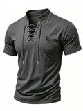 2026 New Men's Short-Sleeve T-Shirt, Men's Lace-Up Stand Collar Short-Sleeve Tee, Suitable for All Seasons, Slim-Fit Casual Top with Unique Lace-Up Design, Scorpion Pattern Print - Dark Gray