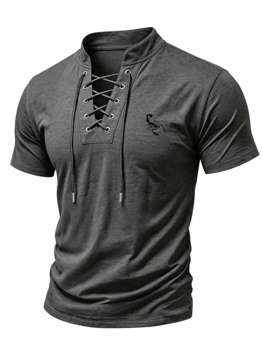 2026 New Men's Short-Sleeve T-Shirt, Men's Lace-Up Stand Collar Short-Sleeve Tee, Suitable for All Seasons, Slim-Fit Casual Top with Unique Lace-Up Design, Scorpion Pattern Print - Dark Gray