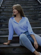 Elegant Striped Button- Shirt for Women - Stylish Long Sleeves, Lightweight Polyester Fiber, Versatile Blue with White Stripes, Ideal for Spring/Summer - Sky Blue