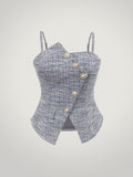 Stretch Jacquard Classic Elegant Style, Asymmetrical Button Placket Design, Fashionable and Versatile Casual Cinched Waist Camisole Tank Top - Navy Color