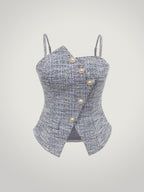 Stretch Jacquard Classic Elegant Style, Asymmetrical Button Placket Design, Fashionable and Versatile Casual Cinched Waist Camisole Tank Top - Navy Color