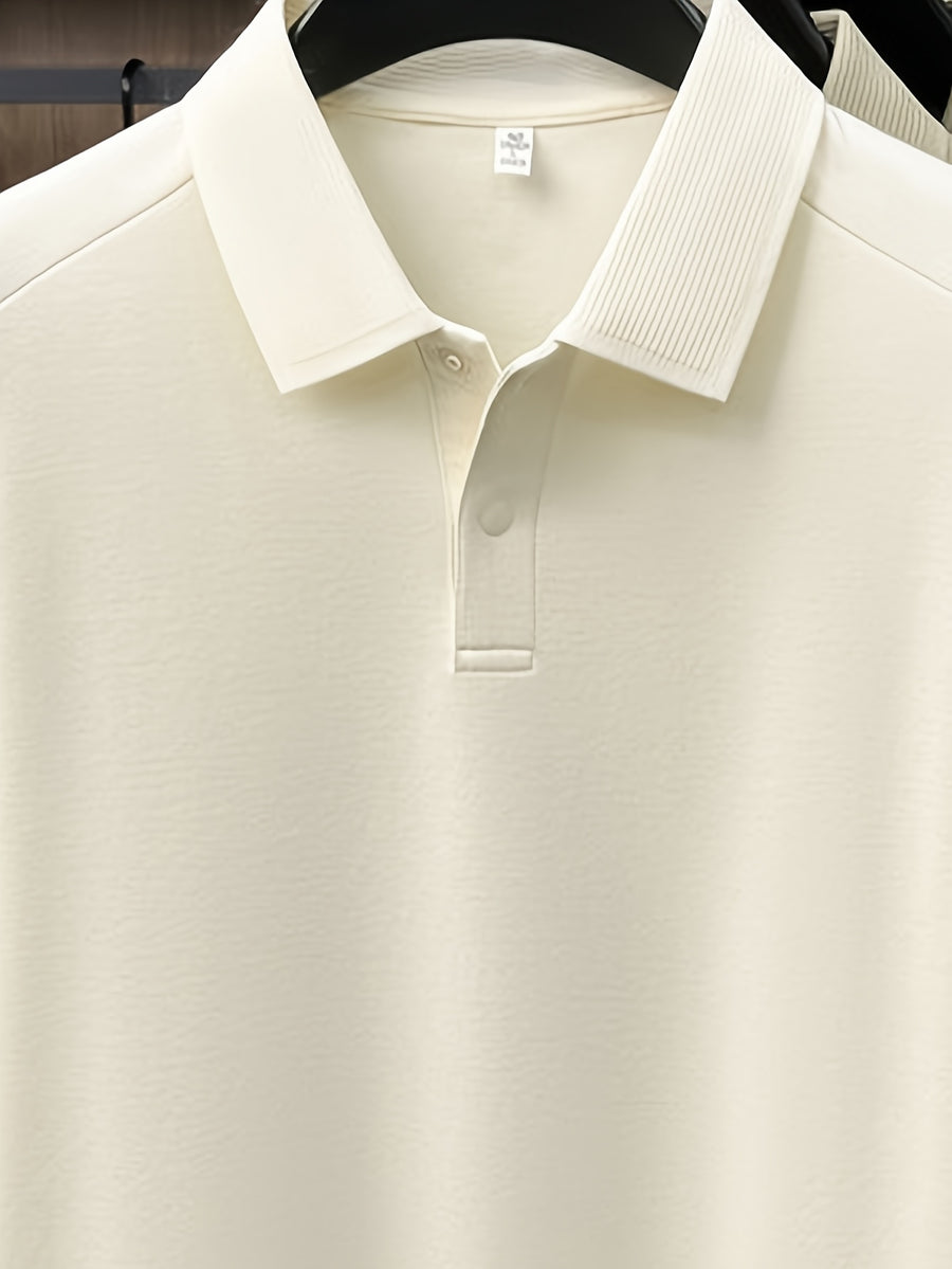 Men'S Lapel Long Sleeve Polo Shirt, 2-Button Design, Ribbed Polo Collar, Suitable for Commute And Casual Wear, Can Be Worn Inside Or Outside - Off-white