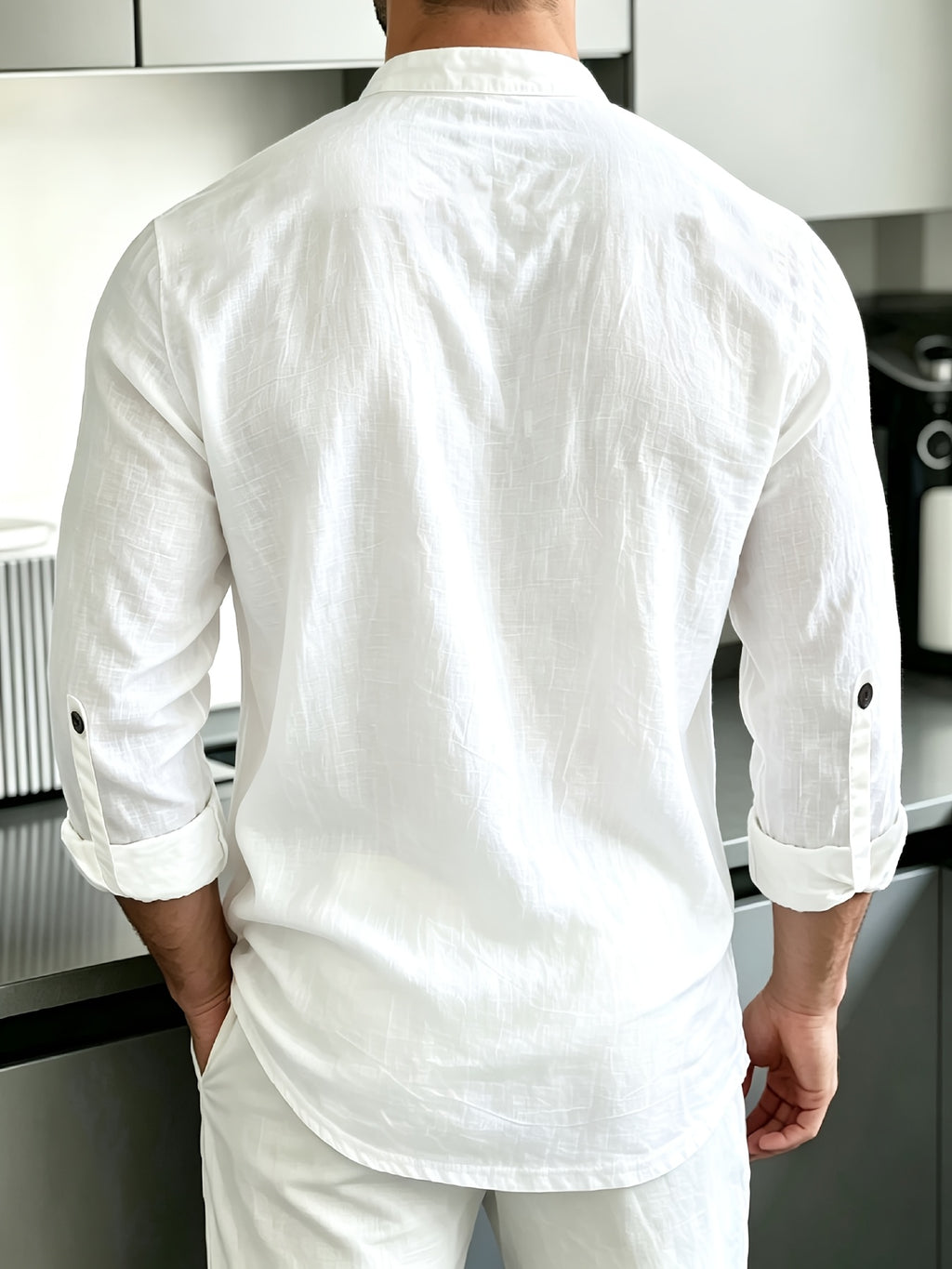 [Know And Give OBM] Men'S Solid Color Stand-Collar Linen Long Sleeve Shirt, Semi-Open Front Design, Roll-Up Sleeve Style | Casual Commute, Short Vacation, Leisure Gatherings | Men'S Versatile Top - White