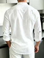 [Know And Give OBM] Men'S Solid Color Stand-Collar Linen Long Sleeve Shirt, Semi-Open Front Design, Roll-Up Sleeve Style | Casual Commute, Short Vacation, Leisure Gatherings | Men'S Versatile Top - White