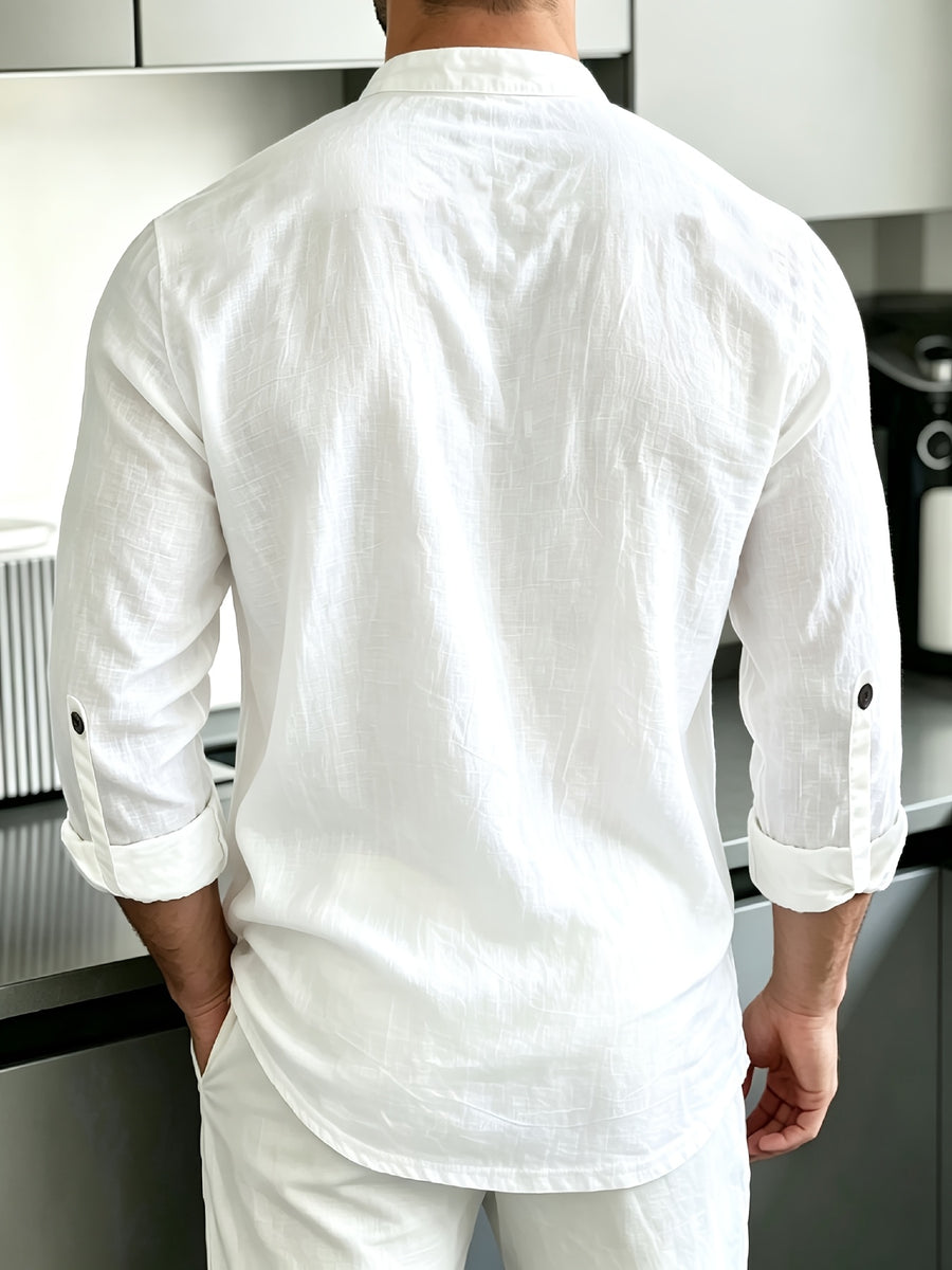[Know And Give OBM] Men'S Solid Color Stand-Collar Linen Long Sleeve Shirt, Semi-Open Front Design, Roll-Up Sleeve Style | Casual Commute, Short Vacation, Leisure Gatherings | Men'S Versatile Top - White