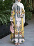 Women'S Hot Middle Eastern Style Muslim Elegant Robe, Yellow White Retro Ethnic Floral All-Over Print Long Dress, Loose Long Sleeve Flared Skirt, for Prayer, Gatherings, And Daily Outings, Flowing And Breathable Non- Craft - Mixed colors
