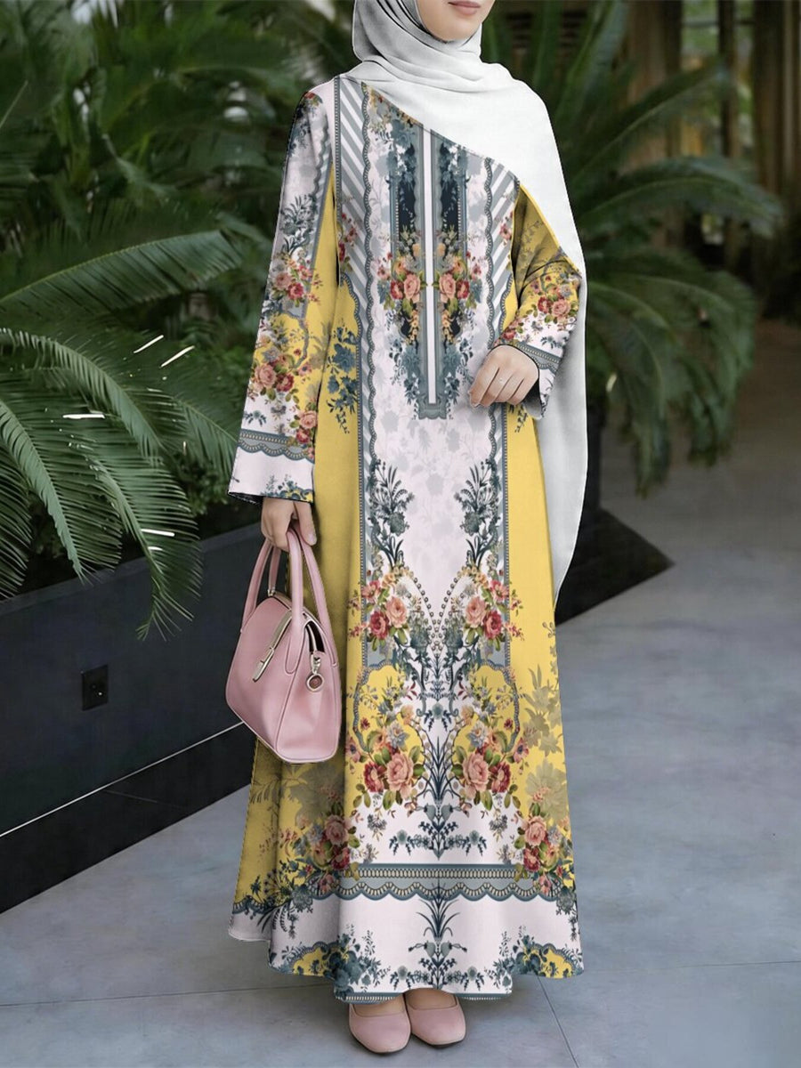 Women'S Hot Middle Eastern Style Muslim Elegant Robe, Yellow White Retro Ethnic Floral All-Over Print Long Dress, Loose Long Sleeve Flared Skirt, for Prayer, Gatherings, And Daily Outings, Flowing And Breathable Non- Craft - Mixed colors