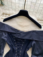 Spring Summer Fashion New Style Top Elegant Contrast Color Patchwork Off-Shoulder Square Neck Drawstring Short Top - Black