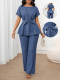 [Printed Pants - Not Denim Fabric]Temperament Commuter Waist-Cinching Tie-Up Two-Piece Set, Ruffled Short Sleeve Top And Wide-Leg Pants, Faux Denim Blue High-Waist Outfit, Lightly Mature Faux Denim-Inspired Set - Navy blue color