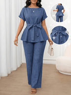[Printed Pants - Not Denim Fabric]Temperament Commuter Waist-Cinching Tie-Up Two-Piece Set, Ruffled Short Sleeve Top And Wide-Leg Pants, Faux Denim Blue High-Waist Outfit, Lightly Mature Faux Denim-Inspired Set - Navy blue color