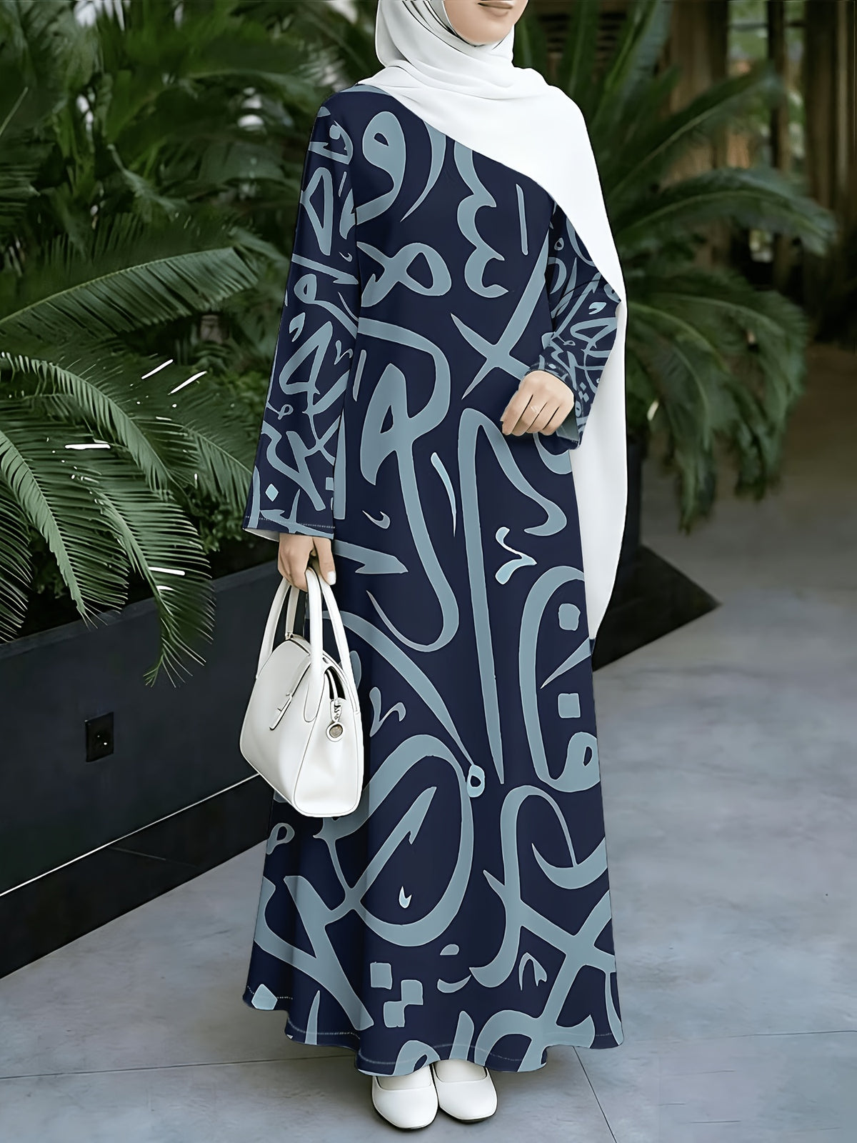 1pc 2D Flat Abstract Arabic Pattern + "Good Vibes" Slogan Muslim Long Dress Women's New Muslim Robe - Women's Loose-Fitting Long-Sleeved Printed Dress - Daily Commuting and Home Wear - Eid Festival Dress - Comfortable Abayas Robe Elegant Middle - Mixed colors