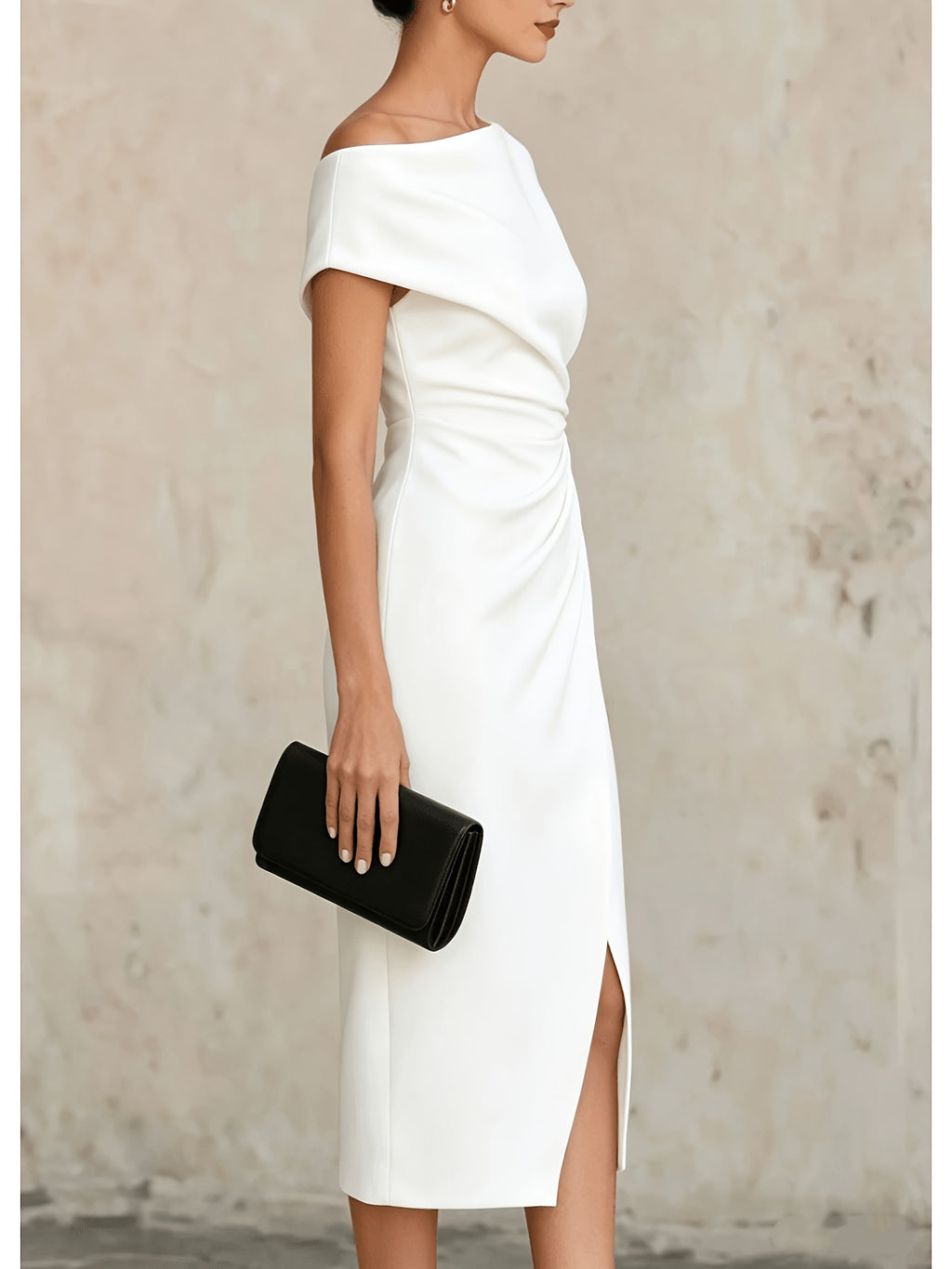 ST26047 One-Shoulder Waist-Cinching Pleated Dress Banquet Commute Slit Evening Dress - White