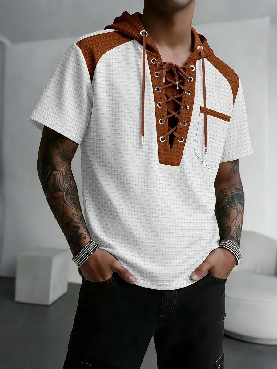 Men'S Plaid Knit Contrast Trim Hooded Sweatshirt - Short Sleeve Button-Up V-Neck Top with Chest Pocket, Vintage Street Style, for Everyday Wear - White