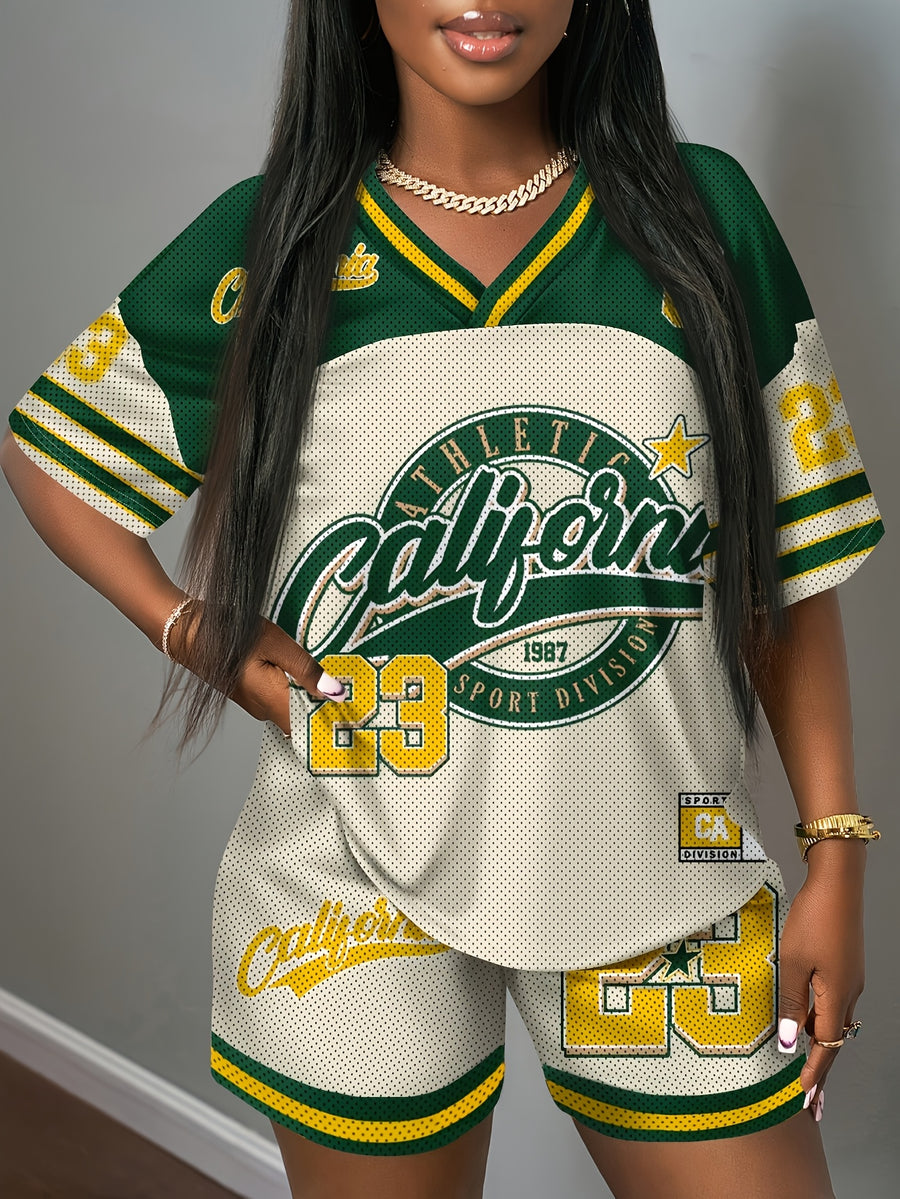 2pcs Women's Vintage Varsity 2pcs Matching Outfit - Breathable Mesh -Neck Short Sleeve Top & Shorts with Number 23 Print, Loose Fit Athletic Wear Suitable for Commuting, Travel, Sister Outfits, Gym, Uniforms - Spring/Summer - Apricot and green